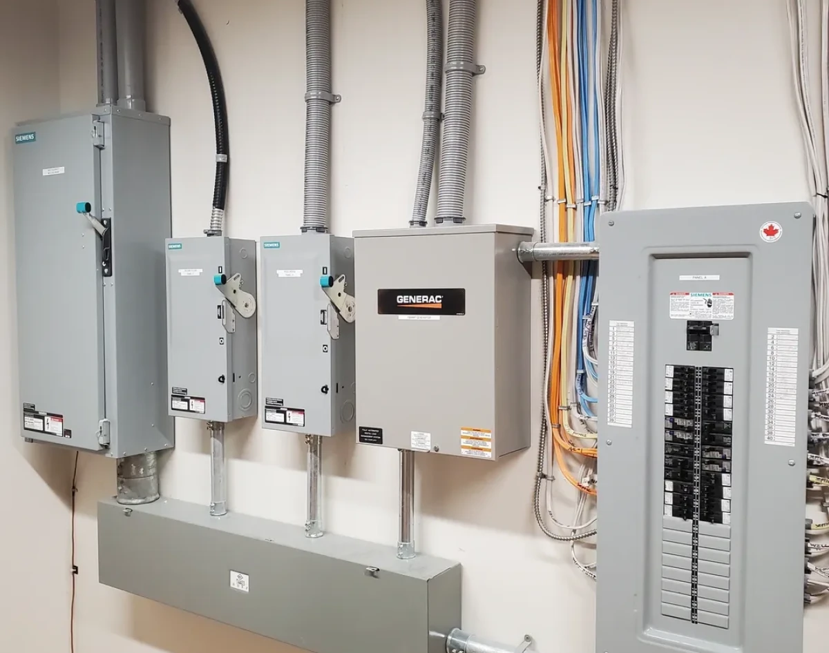 Electrical panels and wiring on a wall.