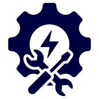 Blue gear with lightning and tools.